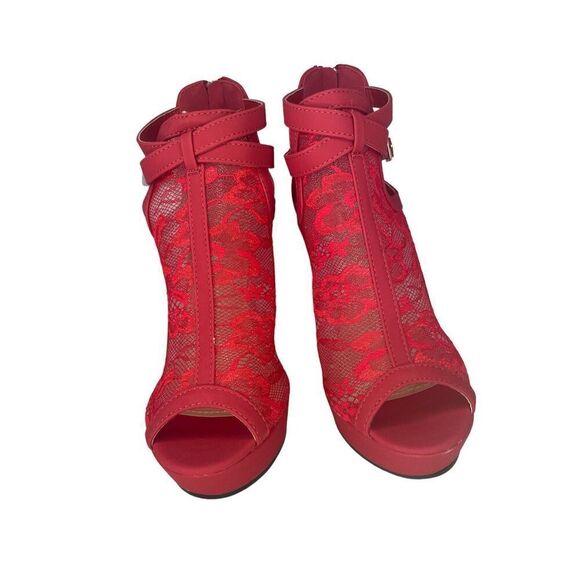 These Lov Mark Watermelon/Coral Pink Floral Lace Peep Toe Stilettos. . US Women - Picture 3 of 8